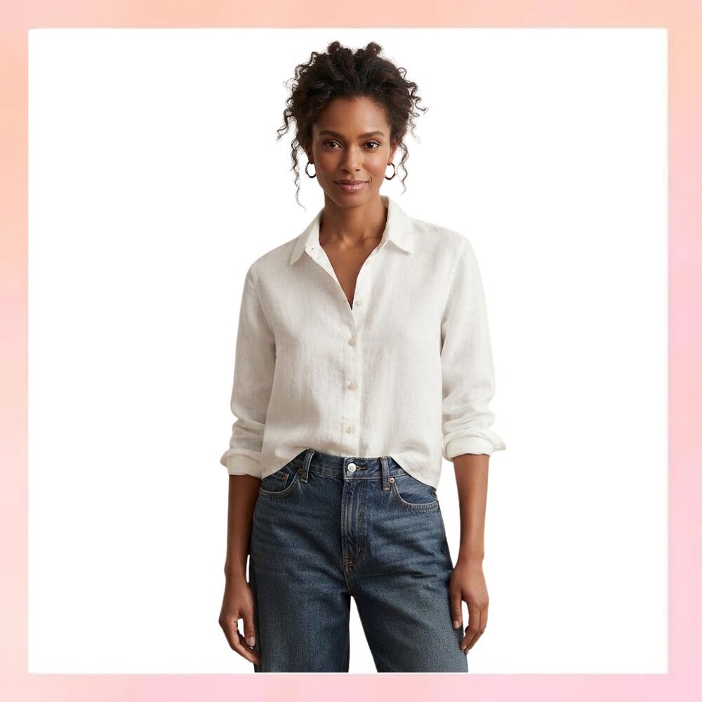 Ann Taylor White 100% Linen Long Sleeve Button Down Shirt Top XSP